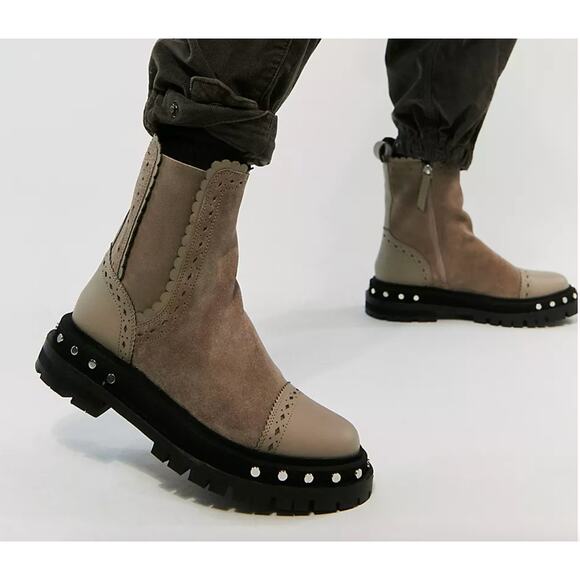 Free People TATE Suede Leather Studded Chelsea Moto Boots | 6.5 Oyster NEW - Picture 1 of 6